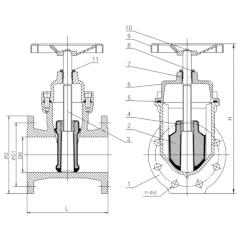 ЗАДВИЖКА С ОБРЕЗИНЕНЫМ КЛИНОМ И НЕВЫДВИЖНЫМ ШТОКОМ ФЛАНЦЕВАЯ ТИП RSV004N-T Чертеж DN 40 - 300