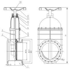 ЗАДВИЖКА С ОБРЕЗИНЕНЫМ КЛИНОМ И НЕВЫДВИЖНЫМ ШТОКОМ ФЛАНЦЕВАЯ ТИП RSV004N-T Чертеж DN 350 - 600